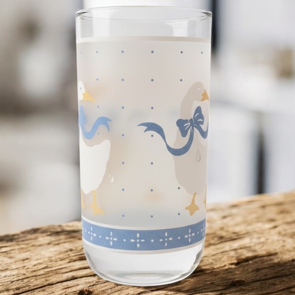 Set 4 Libby Frosted Drinking Glasses Cottagecore Goose Duck Blue Ribbons VTG 6" - Picture 7 of 13